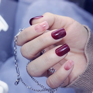 Wine Red Glossy Short Square Press On Nails Pink Marble Design Smudge Style Artificial Fingernails For Women