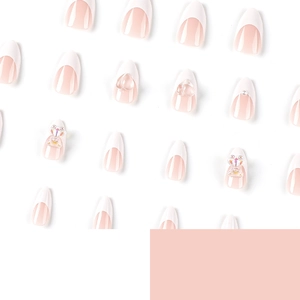 French white tip press-on nails with 3D resin bear and heart charms in a set