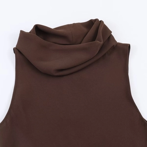 Dark brown sleeveless high-neck top with asymmetrical hem and textured draped collar