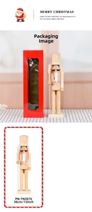 Detailed view of a 15-inch unpainted wooden nutcracker doll in a red window gift box