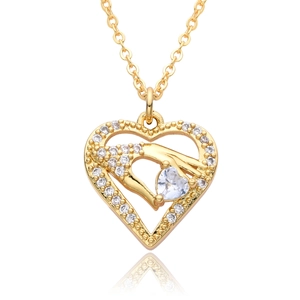 18k gold heart pendant necklace with zircon stone and hands-holding-heart design