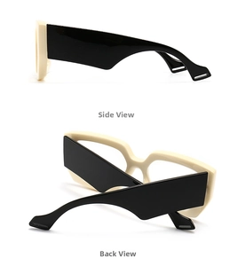 Detailed side and back view of retro rectangular sunglasses in cream and black contrast