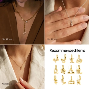 Twelve zodiac sign pendants in gold and silver stainless steel shown on models and flat lay