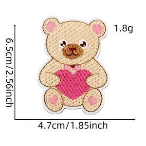 Detailed size view of bear holding heart embroidery patch with precise dimensions