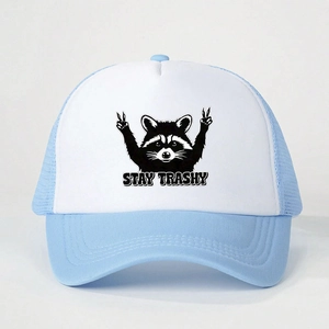 Close-up of Raccoon Stay Trashy print on breathable blue and white mesh trucker hat