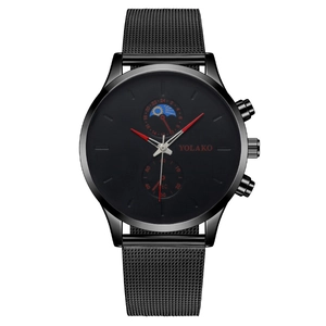 Men Quartz Watch Fashion Business Minimalist Day Night Phase Display Two Sub Dials Stainless Steel Mesh Strap Alloy Case