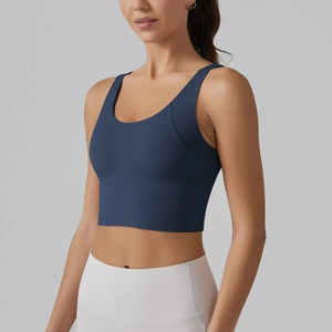 Detail view of the deep blue V-back sports bra with breathable high-elasticity fabric