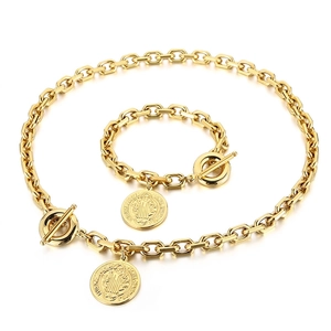 Stainless Steel Chunky Chain Necklace Bracelet Saint Benedict Medal Coin Pendant Toggle Clasp Vintage Unisex Accessories