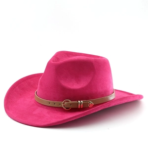 Detail of western cowboy hat in rose red suede with brown leather belt and heart buckle