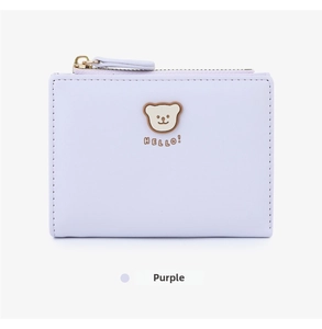 Detailed close-up of light purple PU leather wallet featuring a cute cartoon bear and HELLO text