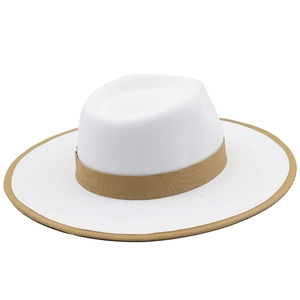 Classic white wool jazz fedora hat with camel trim and flat brim for elegant styling
