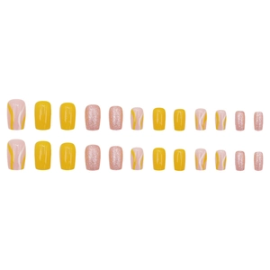 Glossy orange and pink glitter press-on nail kit with wavy stripes in short square shape