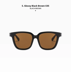 Front view of classic square black sunglasses frame with brown tinted lenses on white