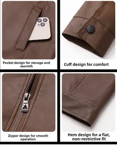 Detail view of brown faux leather jacket showing zipper, pockets, cuffs and hem stitching