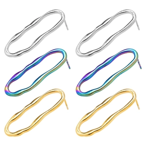Three pairs of irregular wavy oval stud earrings in gold, silver, and rainbow finishes
