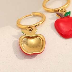 18K gold plated stainless steel hoop earrings with red apple pendants and enamel detail