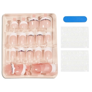 French tip press-on nail kit with pink white ombre, rhinestones, file and adhesive tabs