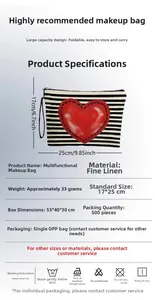 Linen makeup bag with heart stripes pattern, measuring 17x25cm with a wrist strap