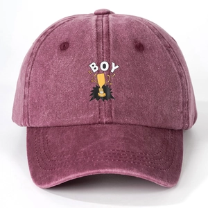 Unisex burgundy washed cotton baseball cap featuring BOY text and trophy graphic print