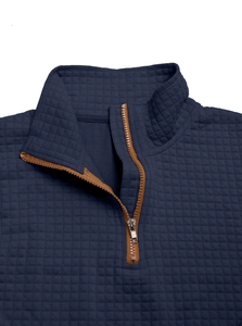 Detailed view of dark blue quilted texture and quarter-zip collar on men sweater