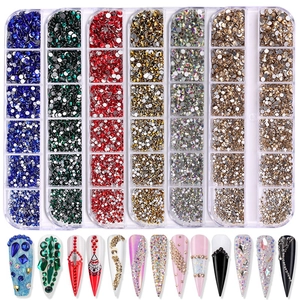 Detailed view of 12-grid rhinestone set with colorful nail crystals and sample designs