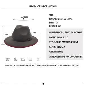 Dark grey wool fedora hat with red trim and black belt buckle, stylish jazz hat design