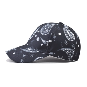 Classic paisley print baseball cap in black with white intricate floral patterns