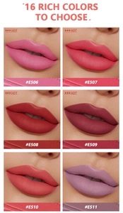 Matte velvet liquid lipstick swatches featuring shades E506 to E511 on different lip tones