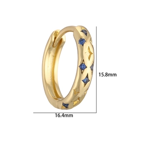 Gold star hoop earrings with blue zircon stones, measuring 15.8mm by 16.4mm wide
