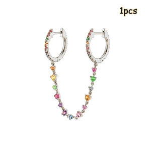 Silver cuff earring with colorful cubic zirconia stones and tassel for double piercing