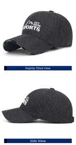 Detail view of winter wool blend baseball cap with outdoor sports embroidery in dark grey