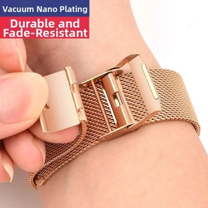 Detail of rose gold Milanese loop watch strap with secure folding buckle and mesh texture