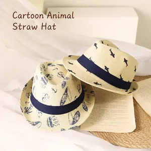 Kids breathable straw fedora sun hat with shark and surf prints for summer beach holiday