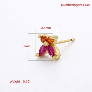 Delicate gold butterfly stud earrings with orange and pink crystals, size 8.5x8mm