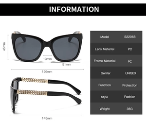 Detailed technical specifications and dimensions for retro cat-eye chain sunglasses