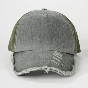 Vintage washed gray denim baseball trucker hat with distressed details and green mesh back