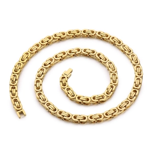 Polished gold hip hop Byzantine chain necklace with intricate interlocking links on white background