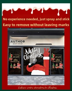 Macro view of Santa Claus window stickers with Merry Christmas text for glass decor