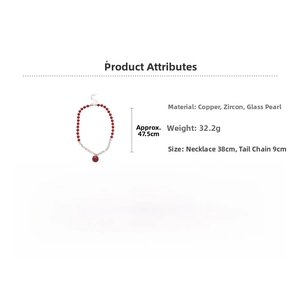 Detail showing dimensions of zircon pearl beaded necklace with red bead pendant