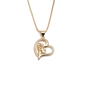 Golden heart necklace for Mother's Day with mother and child portrait and crystal inlay