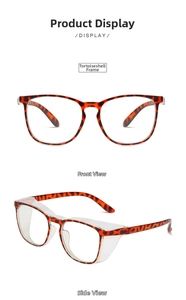 Detail view of tortoiseshell anti-pollen safety glasses with clear side shields