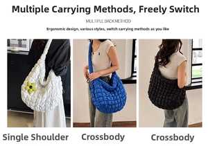 Quilted puffer hobo bags in white, blue, and black showing crossbody and shoulder wear