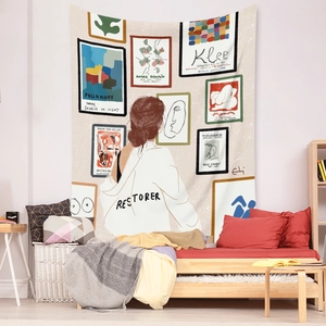 Artistic bohemian tapestry with modern poster collage design for bedroom wall decoration