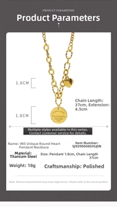 Detailed view of titanium steel necklace specifications with engraved heart and round charm