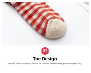 Close-up of red and white checkered knit socks featuring smooth cream-colored toe seams