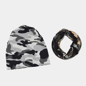 Grey camouflage beanie hat and green neck gaiter set with artistic white print