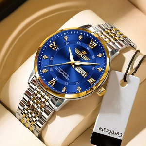 Men's fashion quartz watch with gold-silver band, blue dial and luminous calendar display