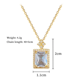 Detail of gold titanium necklace featuring rectangle zircon pendant with size specifications
