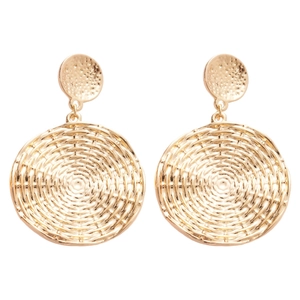 Golden geometric round drop earrings with textured spiral design and hammer-effect studs