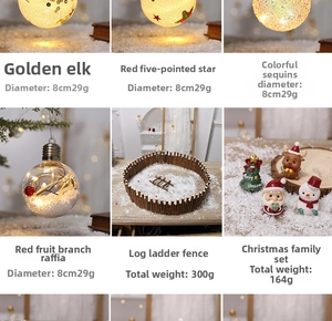 Luminous Christmas ornaments set with LED glowing globes and mini wooden house figurines